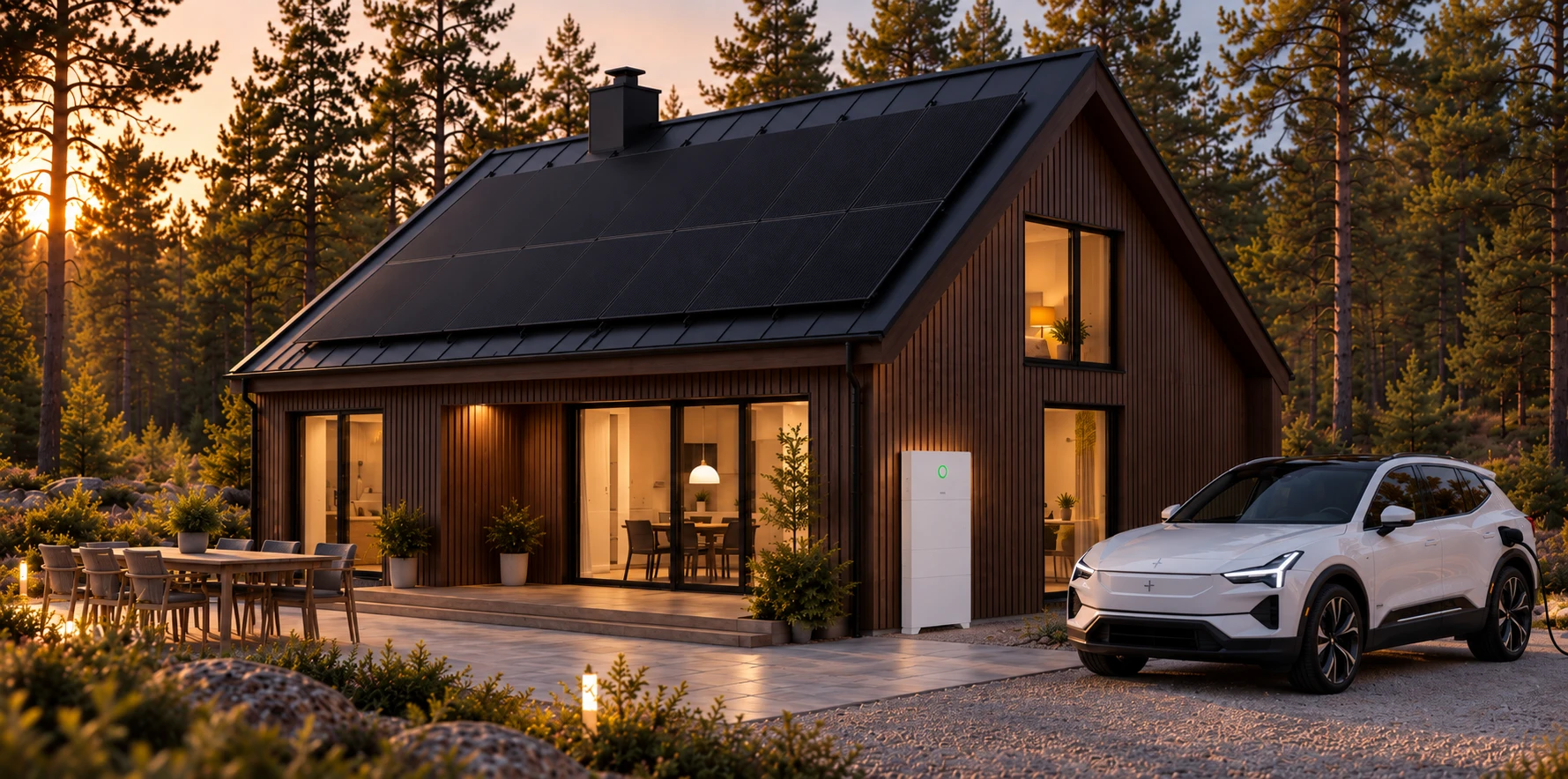 Villa med svart soltak, hembatteri och laddande elbil i skogsmiljö i gyllene kvällsljus