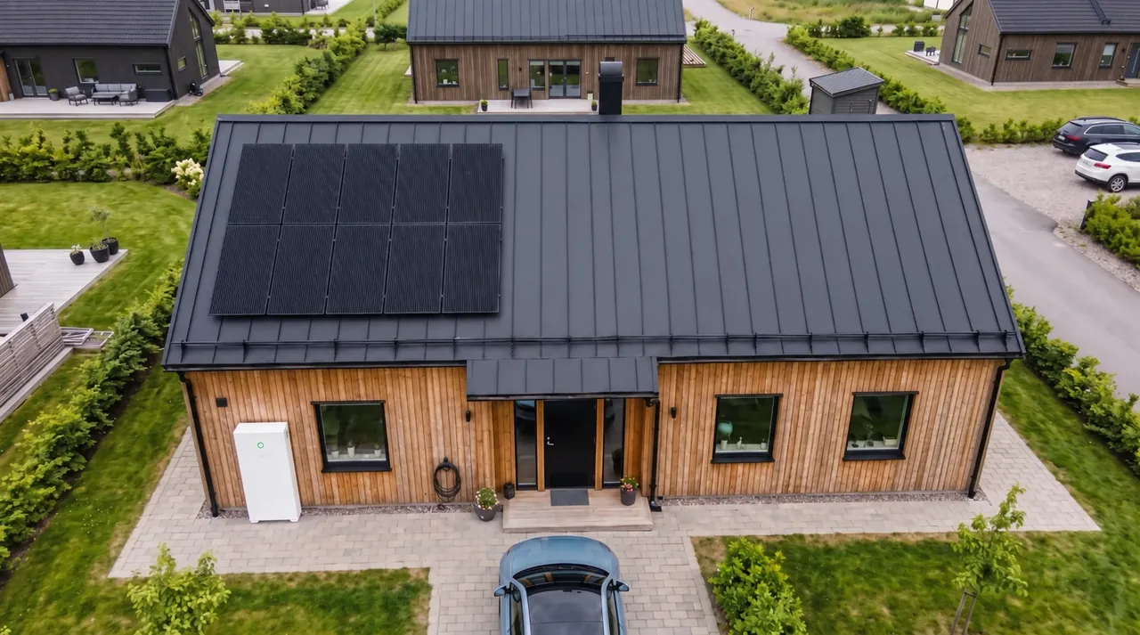 Villa med soltak, hembatteri och laddbil